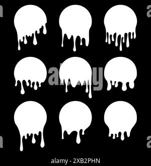 Set di etichette circolari di gocciolamento. Adesivi per gocciolamento di vernice. Liquido di vernice bianco. Inchiostro bianco. Illustrazione vettoriale Illustrazione Vettoriale