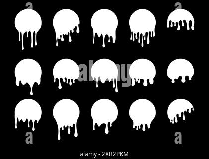 Set di etichette circolari di gocciolamento. Adesivi per gocciolamento di vernice. Liquido di vernice bianco. Inchiostro bianco. Illustrazione vettoriale Illustrazione Vettoriale