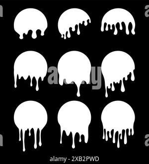 Set di etichette circolari di gocciolamento. Adesivi per gocciolamento di vernice. Liquido di vernice bianco. Inchiostro bianco. Illustrazione vettoriale Illustrazione Vettoriale