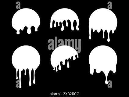 Set di etichette circolari di gocciolamento. Adesivi per gocciolamento di vernice. Liquido di vernice bianco. Inchiostro bianco. Illustrazione vettoriale Illustrazione Vettoriale