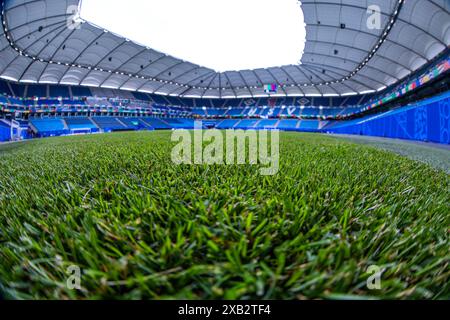 Amburgo, Germania. 10 giugno 2024. Calcio: Campionato europeo, "Stadium Open Media Days". Il campo del Volksparkstadion di Amburgo è pronto per il Campionato europeo di calcio. I rappresentanti della stampa hanno potuto visitare lo stadio in occasione dell'Open Media Day. Crediti: Jens Büttner/dpa/Alamy Live News Foto Stock