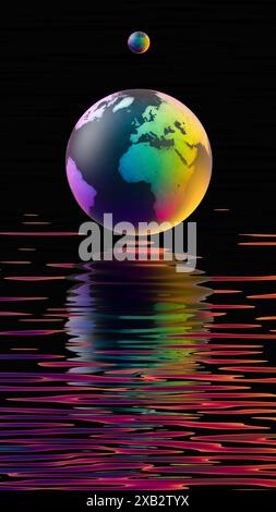 Una rappresentazione surreale e dai colori vivaci del pianeta Terra che galleggia sopra l'acqua increspata, con una sfera più piccola sullo sfondo che suggerisce una luna o un sato Foto Stock