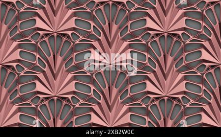 Questa immagine presenta un motivo geometrico senza cuciture, caratterizzato da intricate formazioni a forma di stella in una ricca tonalità oro rosa. Il design è moderno ed estetico Foto Stock