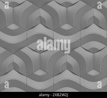 Questa immagine presenta un motivo geometrico tridimensionale senza cuciture, composto da una serie di intricate piastrelle in argento che si bloccano perfettamente in alto Foto Stock