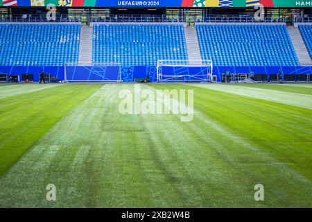 Amburgo, Germania. 10 giugno 2024. Calcio: Campionato europeo, "Stadium Open Media Days". Il campo del Volksparkstadion di Amburgo è pronto per il Campionato europeo di calcio. I rappresentanti della stampa hanno potuto visitare lo stadio in occasione dell'Open Media Day. Crediti: Jens Büttner/dpa/Alamy Live News Foto Stock