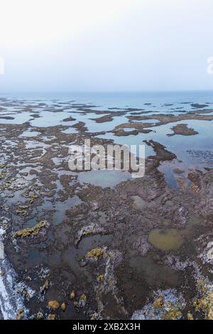 Questa fotografia aerea cattura i complessi motivi della costa meridionale dell'Islanda, dove acqua e terra si intrecciano. Foto Stock