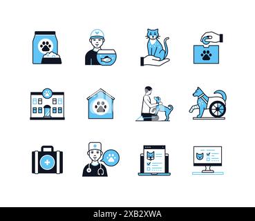 Cura animali domestici e veterinaria - Set di icone in stile design linea Illustrazione Vettoriale