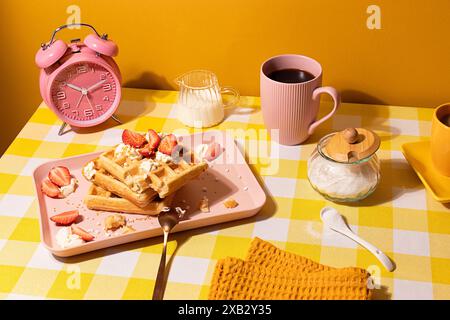 Una deliziosa colazione con un vassoio di waffle croccanti conditi con fragole fresche e panna montata, accompagnati da una tazza di caffè e un Foto Stock