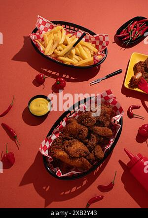 Pollo fritto e patatine fritte servite in cesti, accompagnati da peperoncini rossi e contenitori di salsa, disposti su un vivace sfondo rosso per un Foto Stock