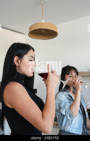 Due giovani donne sono raffigurate assaporare il vino rosso in una cucina elegantemente semplice una è focalizzata sul gusto del vino, mentre l'altra gode anche di lei Foto Stock