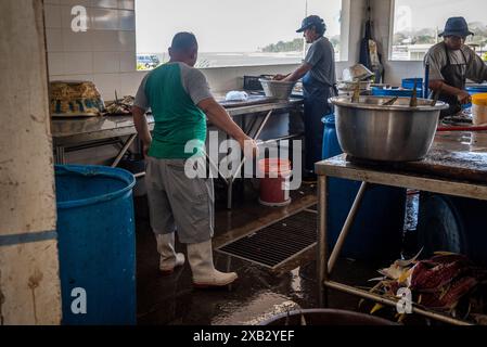 Uomini che puliscono il pesce, mercato del pesce a la Libertad, una città in El Salvador Foto Stock