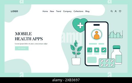 Concetto di assistenza sanitaria digitale. Interfaccia smartphone che visualizza il profilo utente, il battito cardiaco e i promemoria dei farmaci. Tecnologia mobile nella medicina moderna. Illustrazione vettoriale. Illustrazione Vettoriale