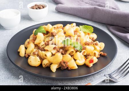 Pasta stufata con manzo e verdure tritate, maccheroni in stile Navy su un piatto. Fondo in cemento grigio Foto Stock