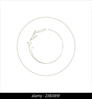 Rametto con cornice a cerchio botanico con elementi decorativi decorativi in linea con foglie per illustrazioni vettoriali con logo. Floreale naturale vegetale biologica fogliame bordo rotondo monoc Illustrazione Vettoriale