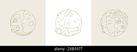 Bel viso da donna con disegno floreale naturale con cornice circolare monocromatica e illustrazione vettoriale. L'elegante ritratto femminile puzza di lucentezza organica Illustrazione Vettoriale