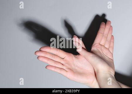 Burattino ombra. Donna che fa gesti della mano come uccello su sfondo chiaro, primo piano Foto Stock