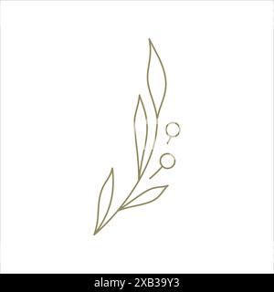 Ramo d'albero floreale monocromatico con foglie e frutti di bosco elemento decorativo per l'illustrazione vettoriale del logo. Giardino botanico con vegetazione lussureggiante naturale Illustrazione Vettoriale