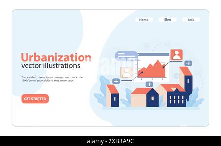 Espansione della città e visualizzazione della crescita basata sui dati. Concetto di urbanizzazione che mostra case, statistiche della popolazione e tendenze di sviluppo della città. Paesaggi urbani sostenibili in evoluzione. Illustrazione vettoriale piatta Illustrazione Vettoriale