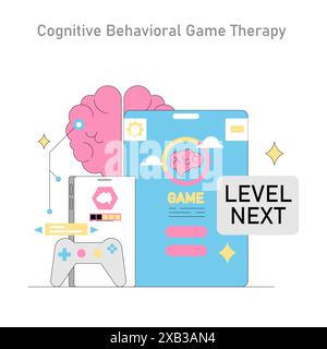 Gamification nell'illustrazione della psicoterapia. Coinvolgente trattamento di salute mentale attraverso elementi di gioco interattivi e tecniche cognitive. Illustrazione vettoriale. Illustrazione Vettoriale