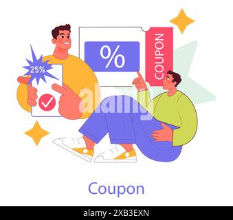 Programma fedeltà. Clienti che utilizzano un sistema di premi, con vivaci icone di sconto e buoni. Creazione e riscatto di offerte speciali. Illustrazione vettoriale. Illustrazione Vettoriale