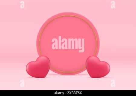 Showroom rosa cuore romantico ama il design 3d dello studio di prestazioni per la presentazione del prodotto illustrazione vettoriale realistica. Decorazioni romantiche alla moda intorno a wal Illustrazione Vettoriale