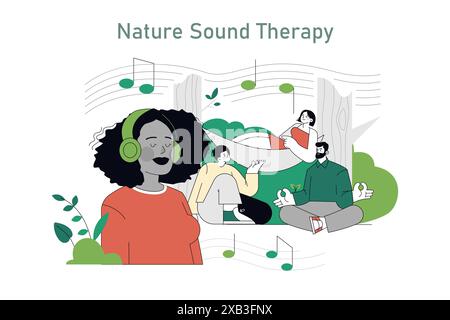 Eco Therapy. Le persone si impegnano nella terapia del suono della natura, trovando calma con foglie, libri e canto degli uccelli. Un rifugio sereno per la consapevolezza. Illustrazione vettoriale. Illustrazione Vettoriale