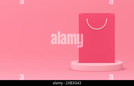 Shopping bag sul podio vendita sconto presentazione del prodotto banner 3d rosa realistica illustrazione vettoriale. Piedistallo pubblicitario nero per negozi Illustrazione Vettoriale