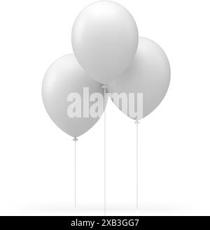 Palloncino bianco gruppo di elementi in gomma gonfiabili premium 3d sulla corda realistica illustrazione vettoriale. Regalo per feste natalizie complimenti decor Illustrazione Vettoriale