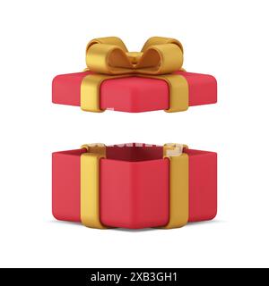 Confezione regalo aperta rossa per festeggiare le festività natalizie con un'icona 3d a cappuccio aperto realistica illustrazione vettoriale. Elegante contenitore in cartone Illustrazione Vettoriale