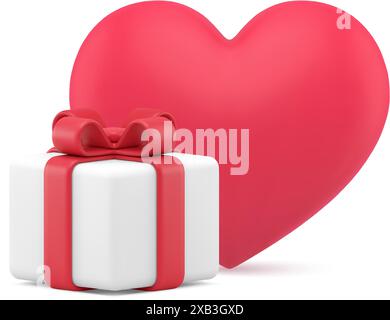 Festa di San Valentino elegante regalo regalo regalo rosso confezione regalo celebrazione icona 3d realistica illustrazione vettoriale. Contenitore di cartone per matrimoni Illustrazione Vettoriale