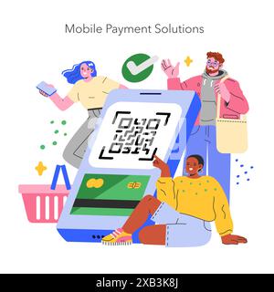 Concetto di tecnologia retail. Un gruppo eterogeneo di persone che utilizzano una soluzione di pagamento mobile con un codice QR. Esperienza di shopping senza interruzioni. Illustrazione vettoriale. Illustrazione Vettoriale