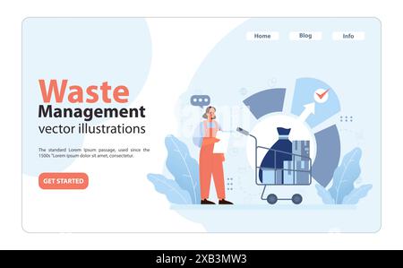 Modern Recycling Initiative Concept. Donna in abbigliamento da lavoro accanto al carrello della spesa riempito di materiali riciclabili selezionati, sottolineando la corretta separazione dei rifiuti. Smaltimento efficiente, sostenibilità urbana Illustrazione Vettoriale