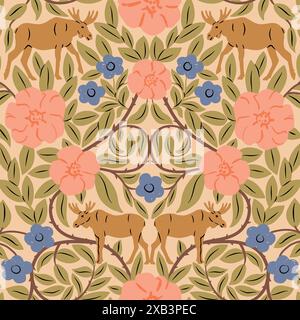 Classico animale alce, fiori e foglie rosa motivo simmetrico senza cuciture per tessuti, carta da parati e carta da imballaggio. Illustrazione Vettoriale