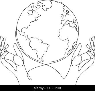 salva il concetto del mondo in un'unica linea disegnando in continuo con una metafora di protezione delle mani Illustrazione Vettoriale