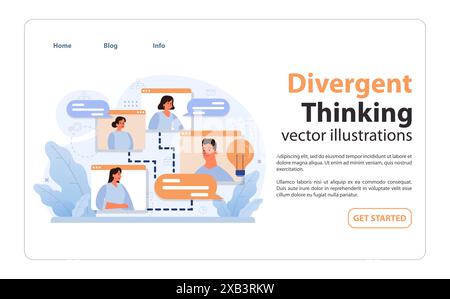 Collaborazione di team in un modo di pensare divergente. I professionisti si connettono online, condividendo idee e soluzioni di brainstorming tramite chat virtuale. Innovazione e lavoro di squadra nell'era digitale. illustrazione vettoriale Illustrazione Vettoriale