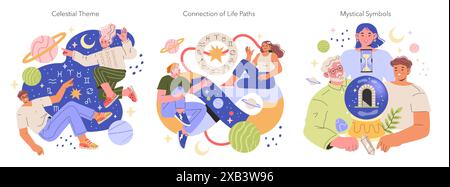 Set astrologico. Esplorando il cosmo e interpretando i segni zodiacali. Le persone si confrontano con pianeti, costellazioni e oggetti mistici. Illustrazione vettoriale. Illustrazione Vettoriale