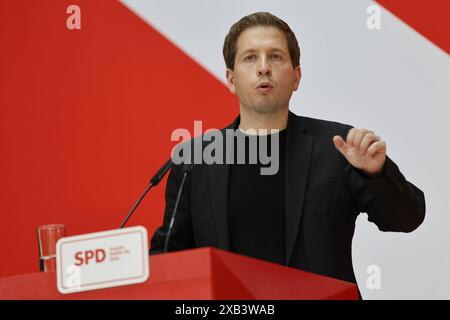 Pressekonferenz mit Katarina Barley und Kevin Kühnert, AM 10.06.2024 a Berlino, SPD, Willy-Brandt-Haus, Deutschland *** Conferenza stampa con Katarina Barley e Kevin Kühnert, il 10 06 2024 a Berlino, SPD, Willy Brandt Haus, Germania Foto Stock