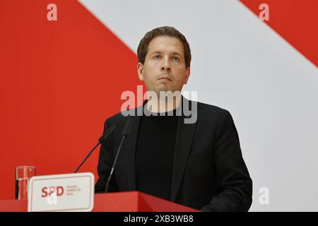 Pressekonferenz mit Katarina Barley und Kevin Kühnert, AM 10.06.2024 a Berlino, SPD, Willy-Brandt-Haus, Deutschland *** Conferenza stampa con Katarina Barley e Kevin Kühnert, il 10 06 2024 a Berlino, SPD, Willy Brandt Haus, Germania Foto Stock