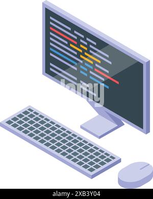 Codice di programmazione del computer visualizzato sullo schermo con visualizzazione isometrica di tastiera e mouse Illustrazione Vettoriale