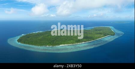 Le acque calme bagnano la costa panoramica di un'isola remota nelle isole dimenticate dell'Indonesia orientale. Questa regione presenta un'elevata biodiversità marina. Foto Stock