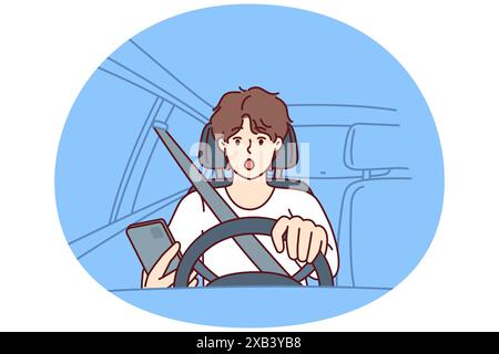 Il conducente distratto con il telefono si siede dietro la ruota dell'auto e si spaventa per vedere l'ostacolo sulla strada o nelle svolte brusche. Conducente scioccato che non segue le regole del traffico utilizzando lo smartphone durante la guida Illustrazione Vettoriale