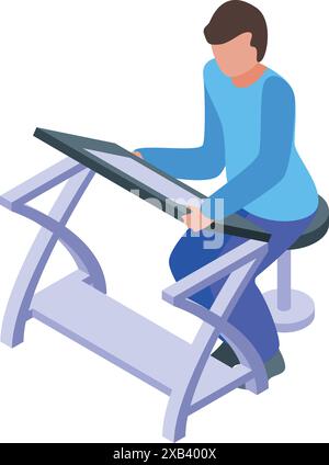 Architetto che lavora su un nuovo progetto utilizzando un tavolo da disegno seduto su un'illustrazione isometrica dello sgabello Illustrazione Vettoriale