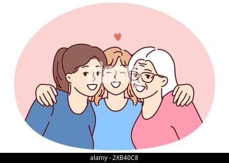 Ritratto di famiglia di tre generazioni femminili con ragazza adolescente che abbraccia amorevolmente madre e nonna. Donne felici di diverse generazioni trascorrono il tempo insieme godendo una vacanza in famiglia Illustrazione Vettoriale