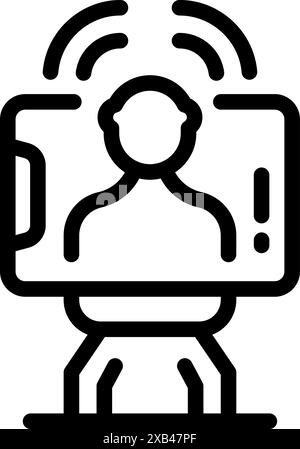 Icona di linea di un robot che regge un tablet con un uomo che sta effettuando una videochiamata sullo schermo Illustrazione Vettoriale