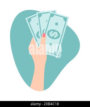 Mano femminile che tiene banconote da un dollaro di carta. Clipart vettoriale in stile piatto Illustrazione Vettoriale