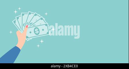 Mano femminile che tiene una pila di banconote da un dollaro su sfondo verde, spazio di copia. Illustrazione vettoriale piatta Illustrazione Vettoriale