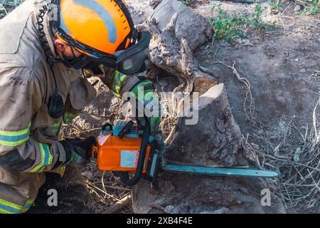 Vigile del fuoco con motosega in soccorso. Foto Stock