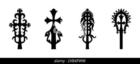 Collezione di icone di silhouette isolate con simboli cristiani. Segni di religione unici. Illustrazione Vettoriale
