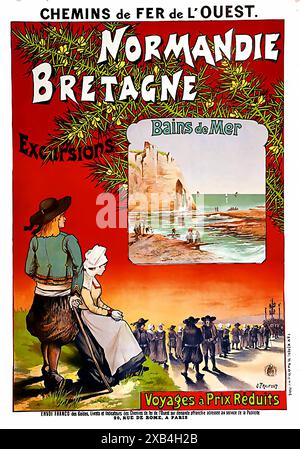 Chemins de Fer de l'Ouest, Normandie et Bretagna, Bains de Mer, escursioni - poster di viaggio d'epoca Foto Stock