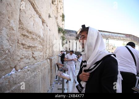 L'ebreo ultra-ortodosso che indossa un Talith e un Tefillin prega e medita con altri ebrei al muro Occidentale Foto Stock